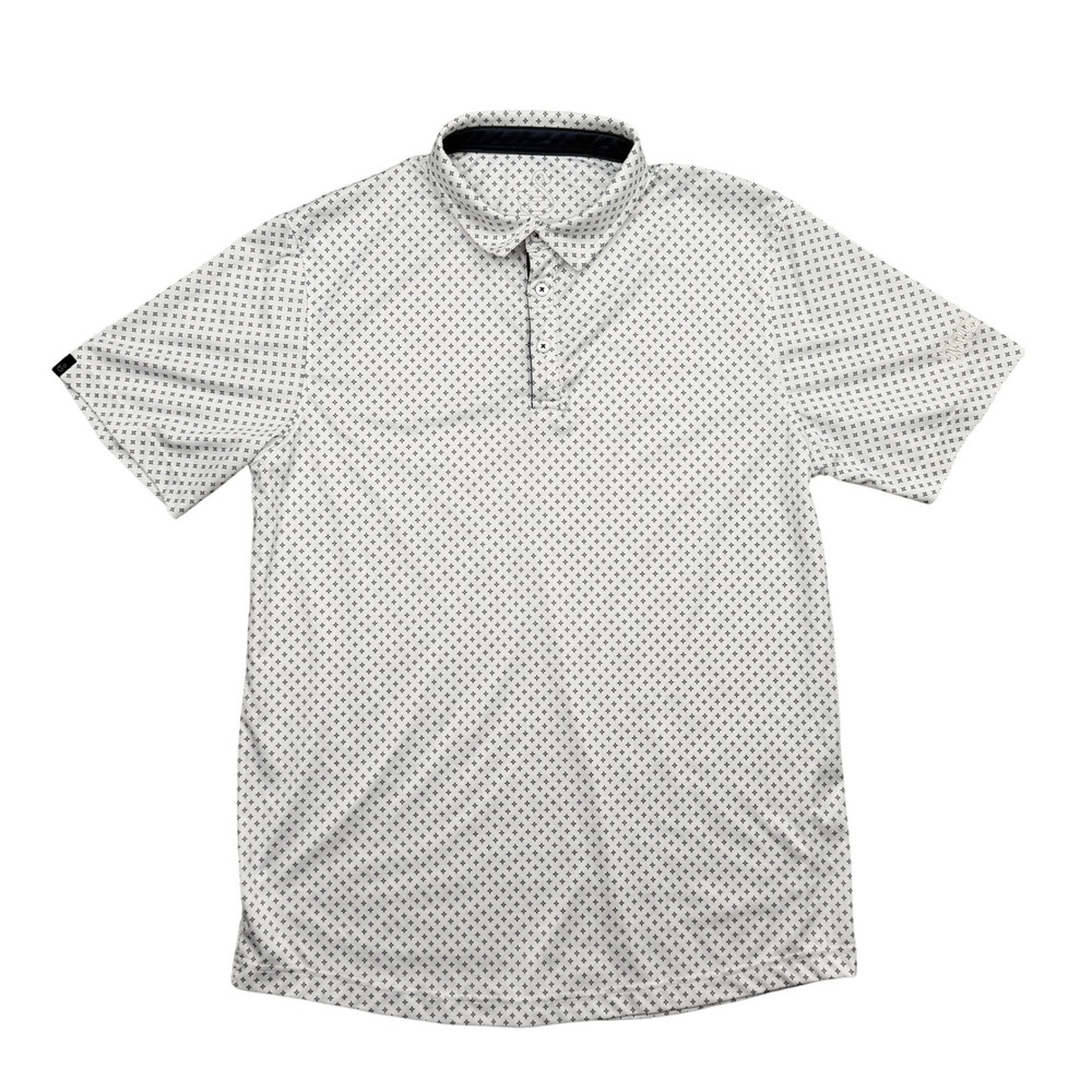 Swannies Polo Shirt Mens L‎ White Nature Valley Geo Print Performance Golf